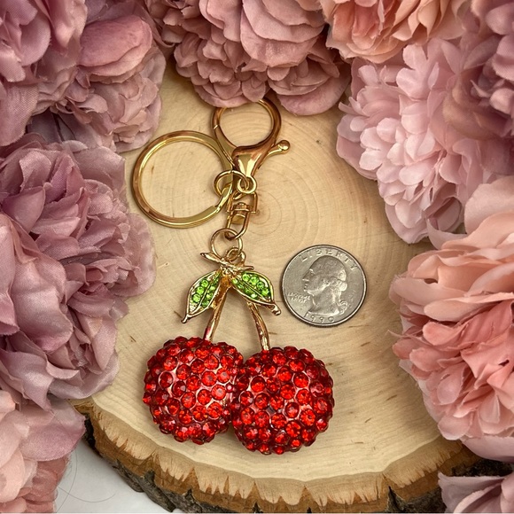 Whimsical Red Crystal Cherries Keychain Charm - Picture 11 of 13